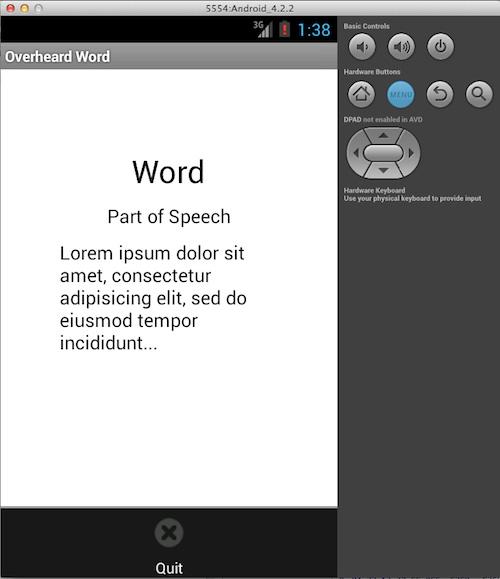 一个屏幕截图，表示 Android 模拟器中 Overheard Word 的新 Quit 图标