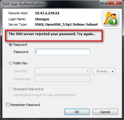 The SSH server rejected your password.Try again_SSH_03