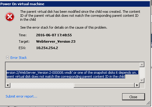 The parent virtual disk has been modified since the child was created_VMware