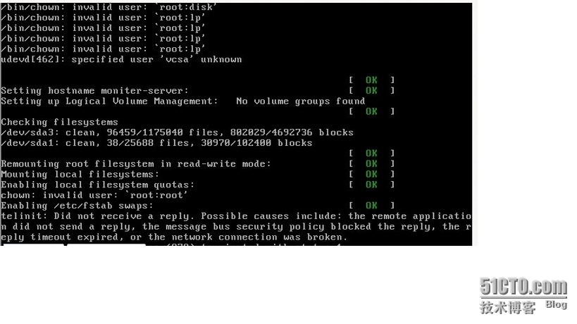 RHEL6.3启动出错init:rcS post-stop process (1005) terminated with status 1  _问题