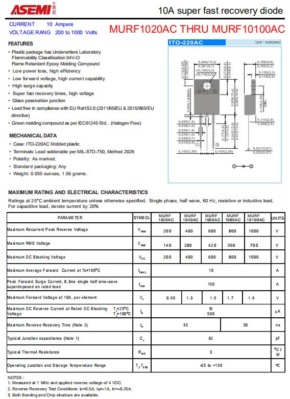 MUR1060AC-ASEMI超快恢复二极管、10A快恢复二极管_封装_02