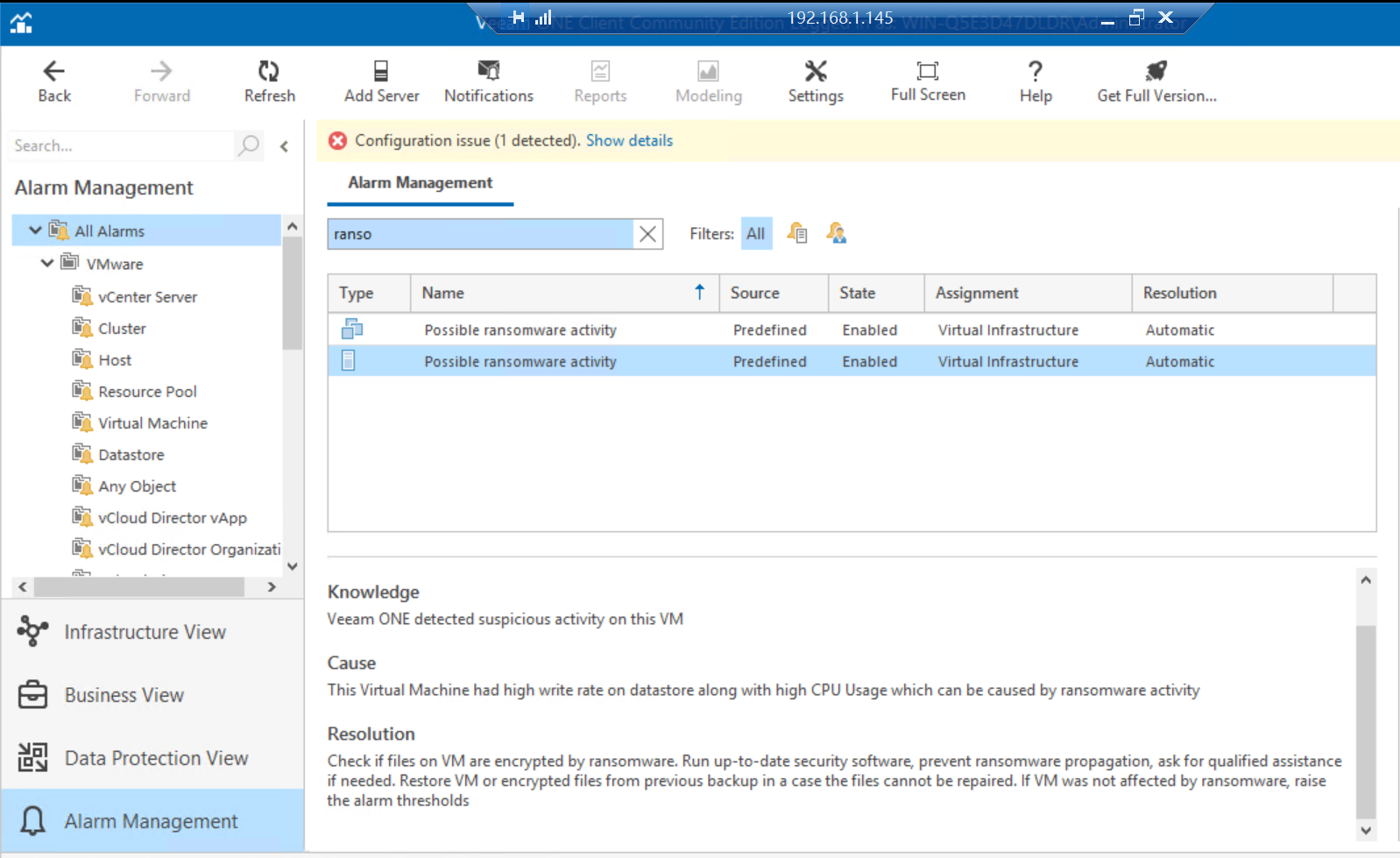 Veeam One 监控虚拟化环境下的勒索程序_服务器