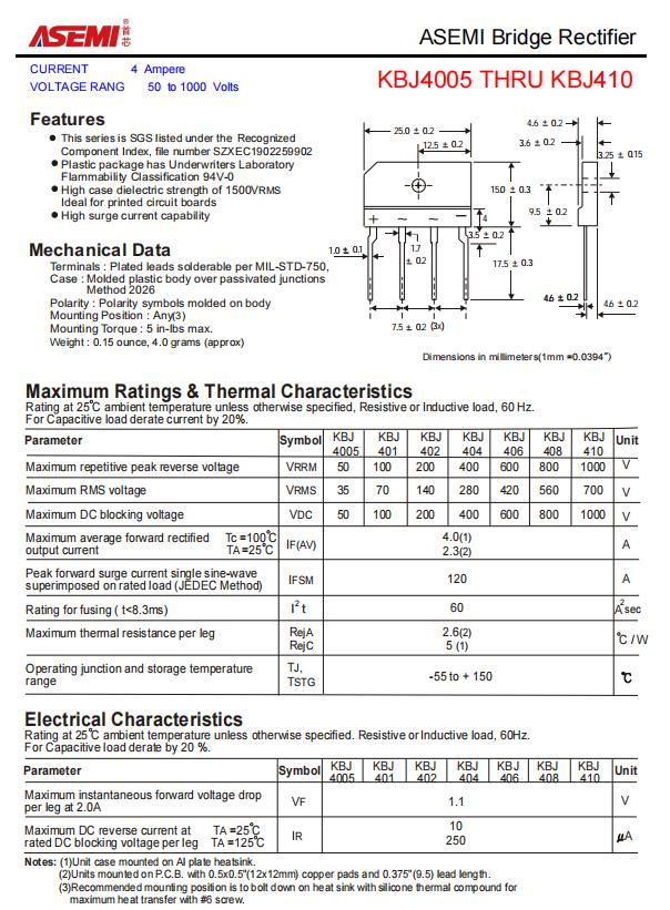 ASEMI整流桥KBJ410参数，KBJ410压降，KBJ410热阻_热阻_02