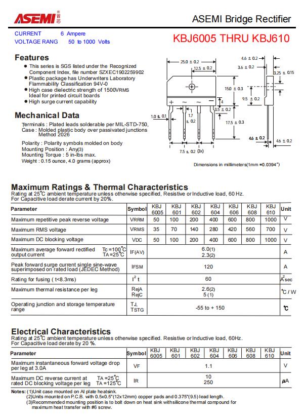 ASEMI整流桥KBJ610，KBJ610浪涌电流，KBJ610反向电流_数据_02