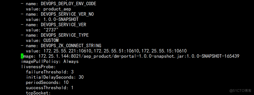 - name: 
val ue: 
- name: 
val ue: 
- name: 
val ue: 
- name: 
val ue: 
- name: 
val ue: 
DEVOPS DEPLOY ENV CODE 
pr oduct_aep 
DEVOPS SERVICE VER_NO 
1. O. O-SNAPSHOT 
DEVOPS SERVICE VER 
"2737" 
DEVOPS SERVICE TYPE 
CUSTOM 
DEVOPS ZK CONNECT STRING 
172.25.55.221 : 10610, 172.25.55.51 : 10610, 172.25.55. 15: 10610 
Onage: 172. 25. l. 144: 8021 O. O—snapshot. jar : l. O. 
imagePul IPol icy: Always 
I i venessProbe: 
fai lureThreshold: 3 
initial Del aySeconds: 30 
per i : 10 
successThreshold: I 
tcoSocket