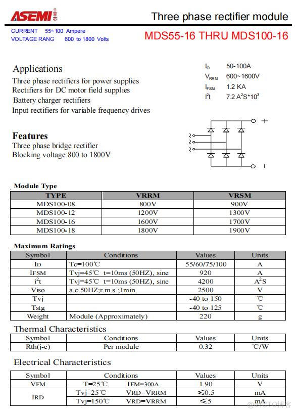  ASEMI三相整流模块MDS55-16特征，MDS55-16应用_热阻_02