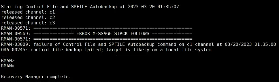 Oracle故障处理：ORA-00245: control file backup failed; target is likely on a local file system_ora-00245