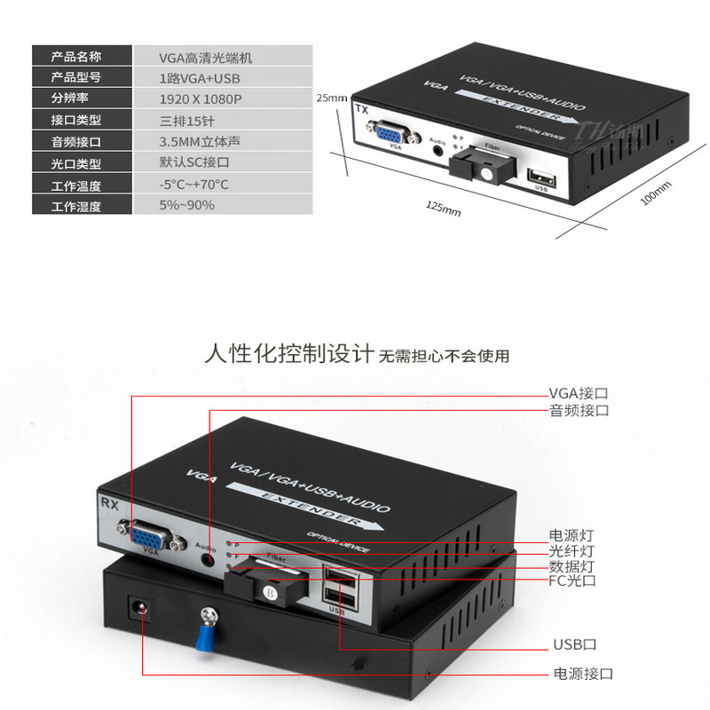 汉源高科VGA光端机+1路立体声音频+USB鼠标键盘控制光纤延长器_VGA光端机_02