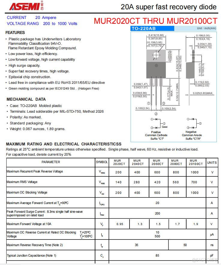 MUR20100CT-ASEMI快恢复对管MUR20100CT_ASEMI_02