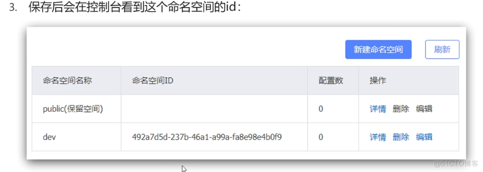 3 ， 
保 存 后 会 在 控 制 台 看 到 这 个 命 名 空 间 的 id ： 
命 名 空 间 名 称 
b 雇 （ 筐 空 间 ） 
扉 名 空 间 ID 
492a7d 到 ． 237b 嶙 6a1 ． a a ． fa8e98e ℃ 勺 
0 
0 
新 建 品 名 空 间 
详 情 歷 蛑 医 
详 情 蜍 辑 