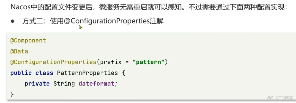 fritz: 
@Component 
@Data 
= "pattern") 
public class PatternProperties { 
private String dateformat; 