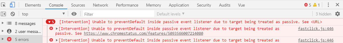 vue项目出现错误： Unable to preventDefault inside passive event listener due to target being treated as_vue