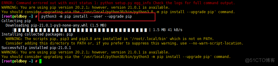 使用pip安装第三方模块报错，WARNING: You are using pip version 20.2.1； however, version 21.0.1 is available. You_Python开发_03