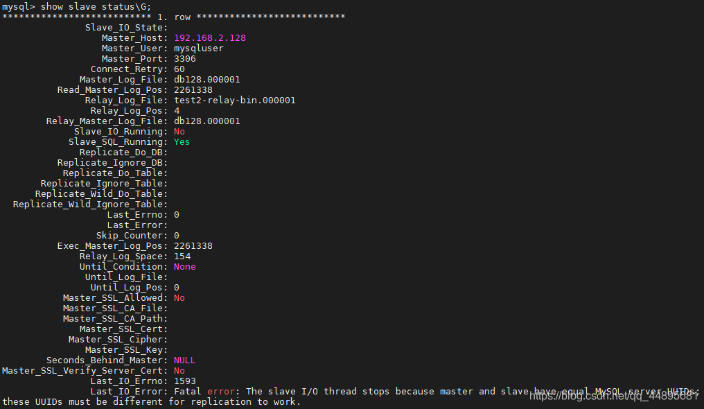 Mysql主从同步报错解决：Fatal error: The slave I/O thread stops because master and slave have equal.._MySQL