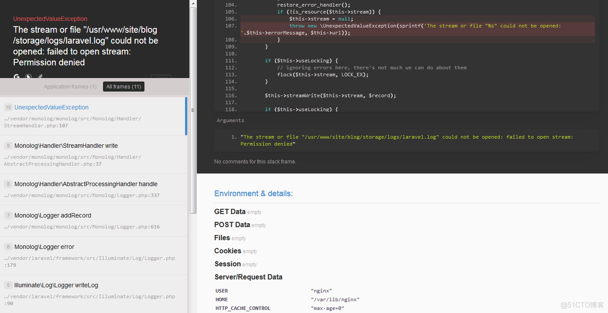 laravel 博客项目部署到Linux系统后报错  权限都设置为777，仍然报错没有权限_Linux