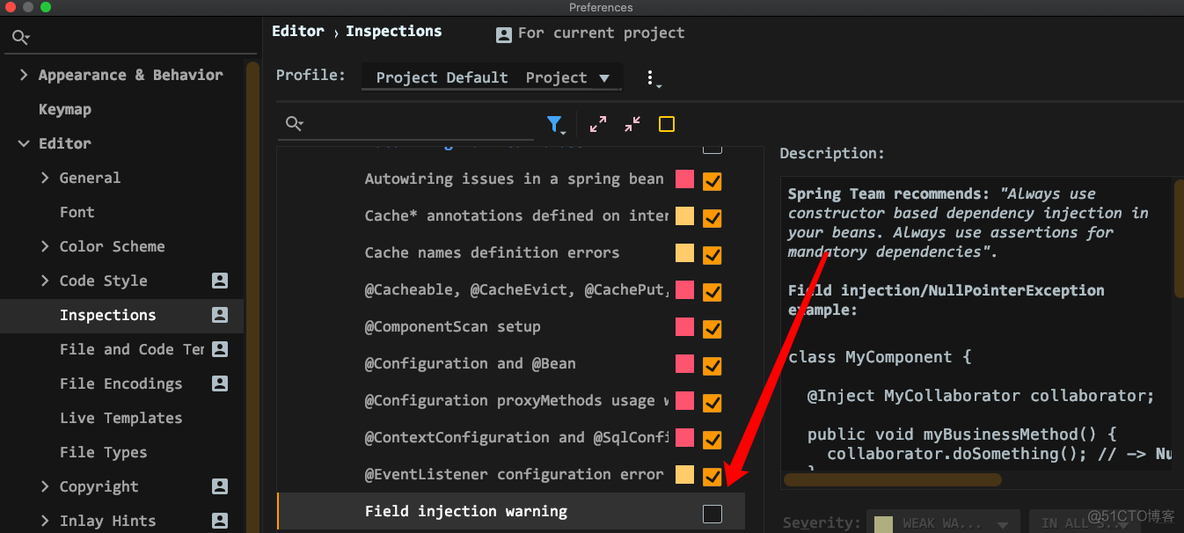 IDEA关闭field injection is not recommended警告_其它