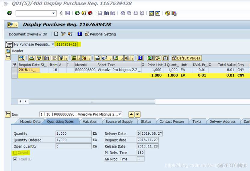 SAP MM 采购申请单据ITEM数据里的Closed标记_SAP文章_02