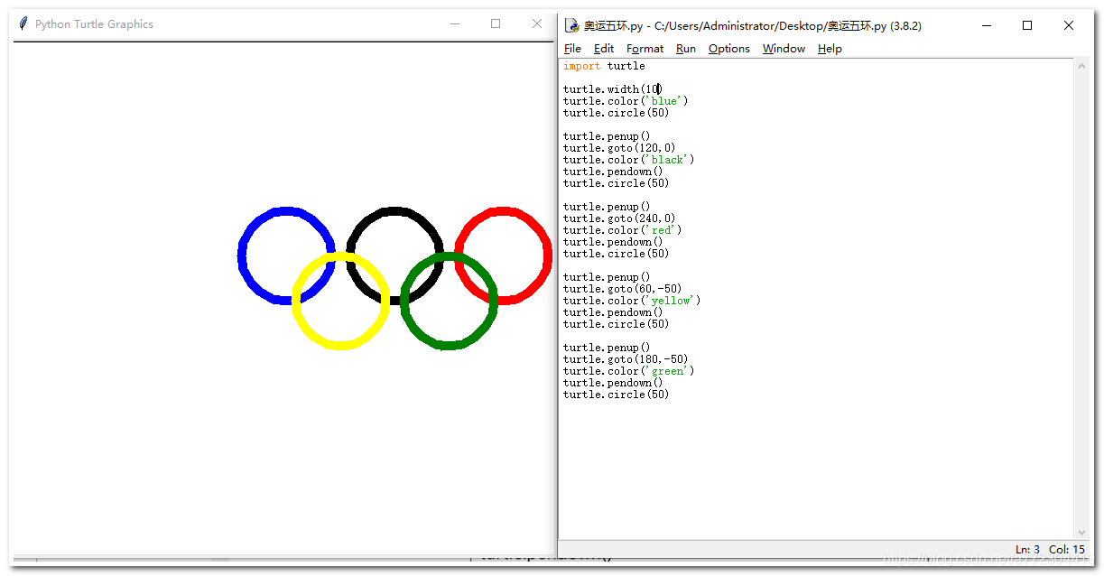 python3turtle绘制奥运五环代码实例