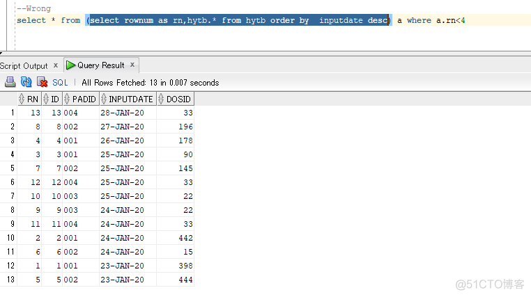 Oracle中select子句取值先于order by子句执行而导致rownum伪列未按预期取值导致的问题_sql_05