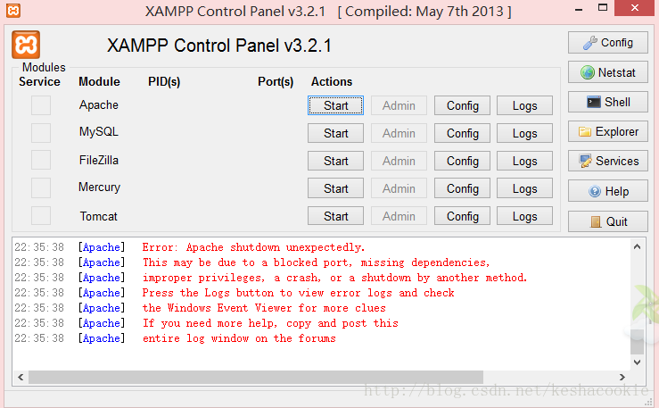 PHP Apache shutdown unexpectedly启动错误解释及解决的方法_命令行