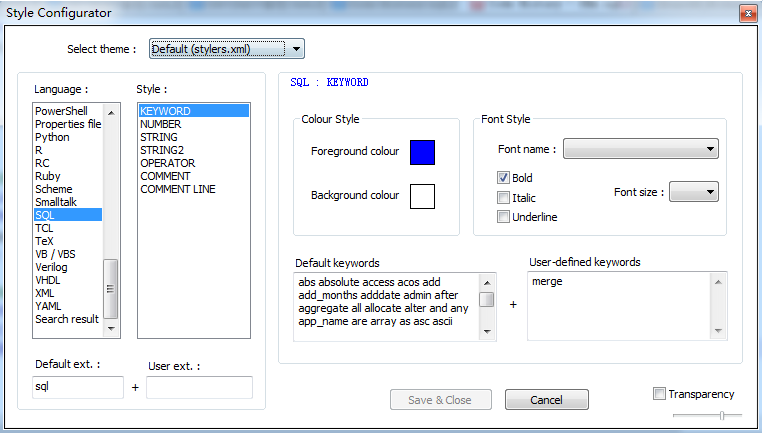 Notepad++ 自定义关键字_sql