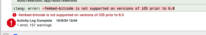 -fembed-bitcode is not supported on versions of iOS prior to 6.0_2d_02