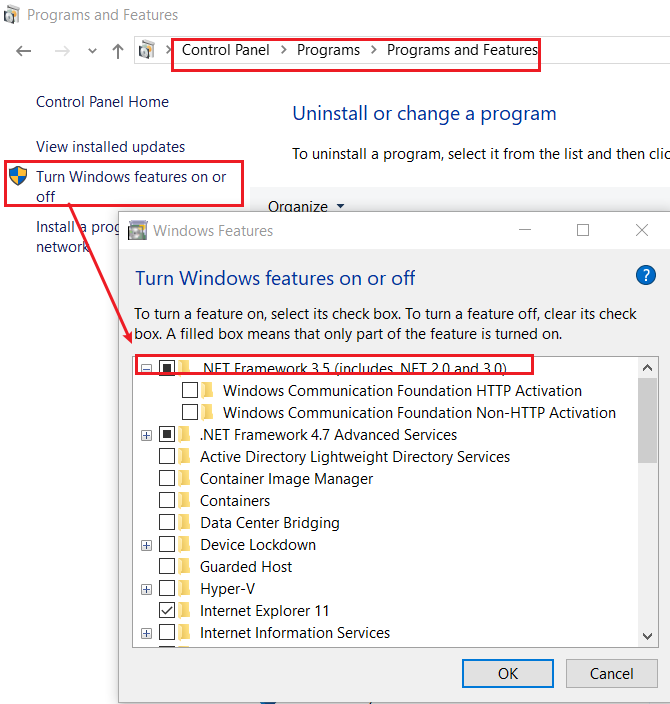 .net framework 3.5 error code 0x800f0954 windows 10