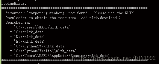 Python NLTK库安装Error:Resource u*corpora/gutenberg* not found._机器人_03