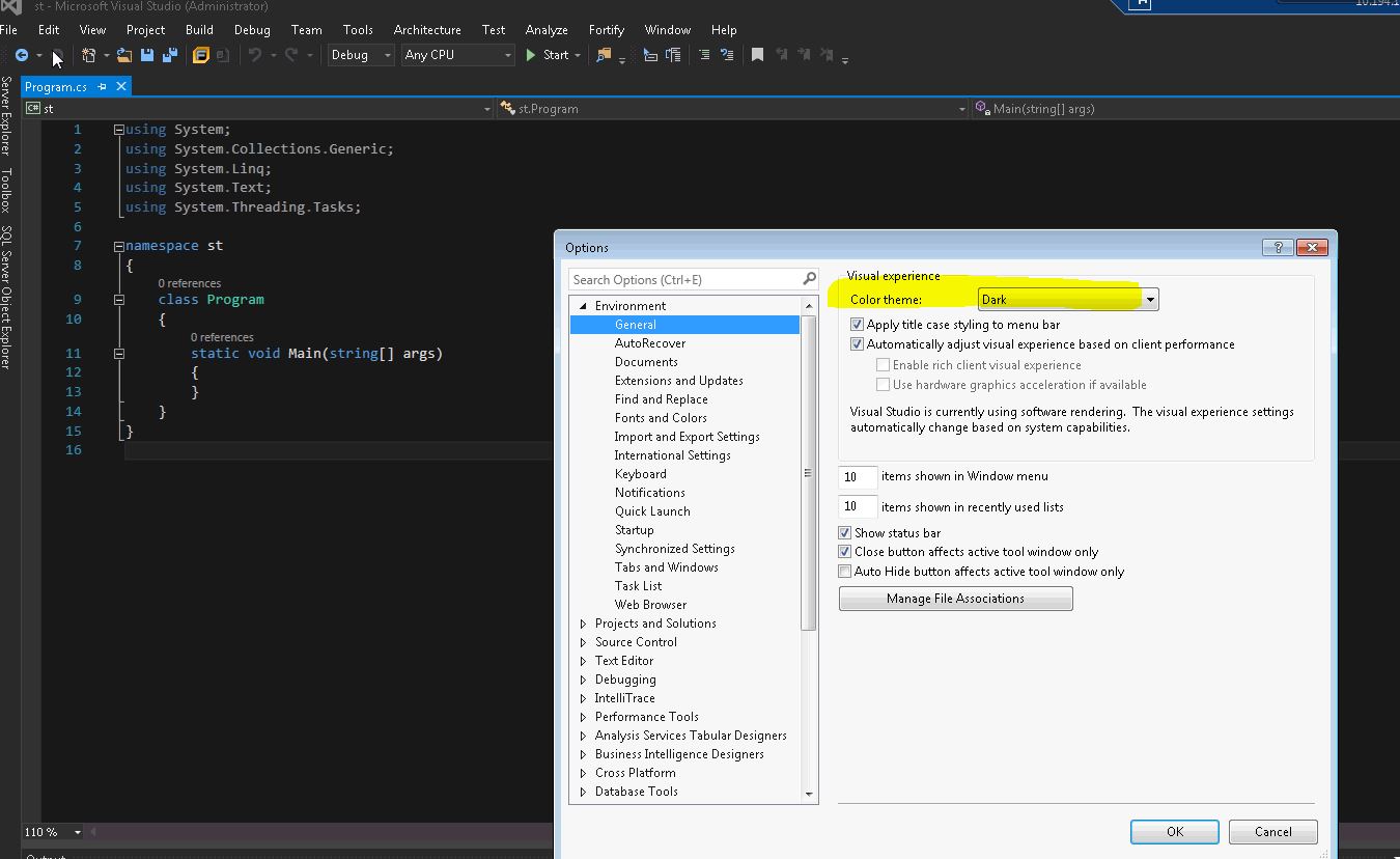 VisualStudio: 窗口背景颜色设置成黑色_其他