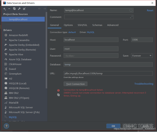 Connection to @localhost failed. [08001] Could not create connection to database server. Attempt_其他