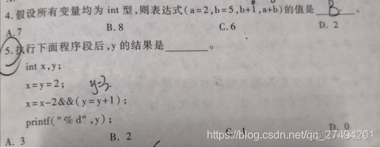 执行下面程序段后，y的结果是____。int x,y；x=y=2；x=x-2&&(y=y+1)；printf(“%d“,y)；A。3 B.2 C.1 D。0_C