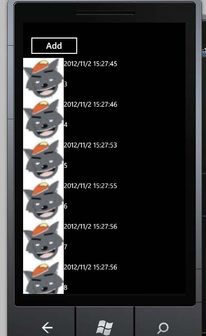 WP7->界面->ListBox数据绑定、图文混编、动态添加行_测试运行_03