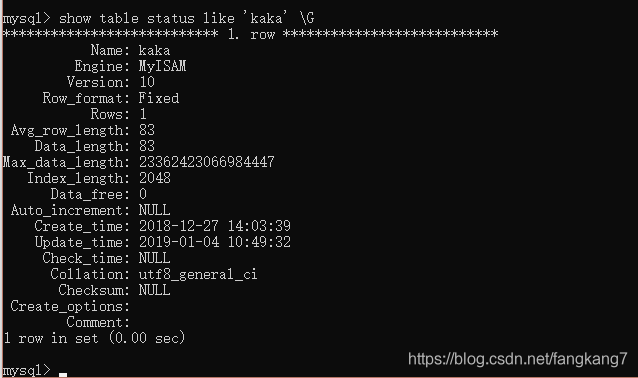 【Mysql】表的信息解释（show table status like ‘kaka’ \G）_表数据