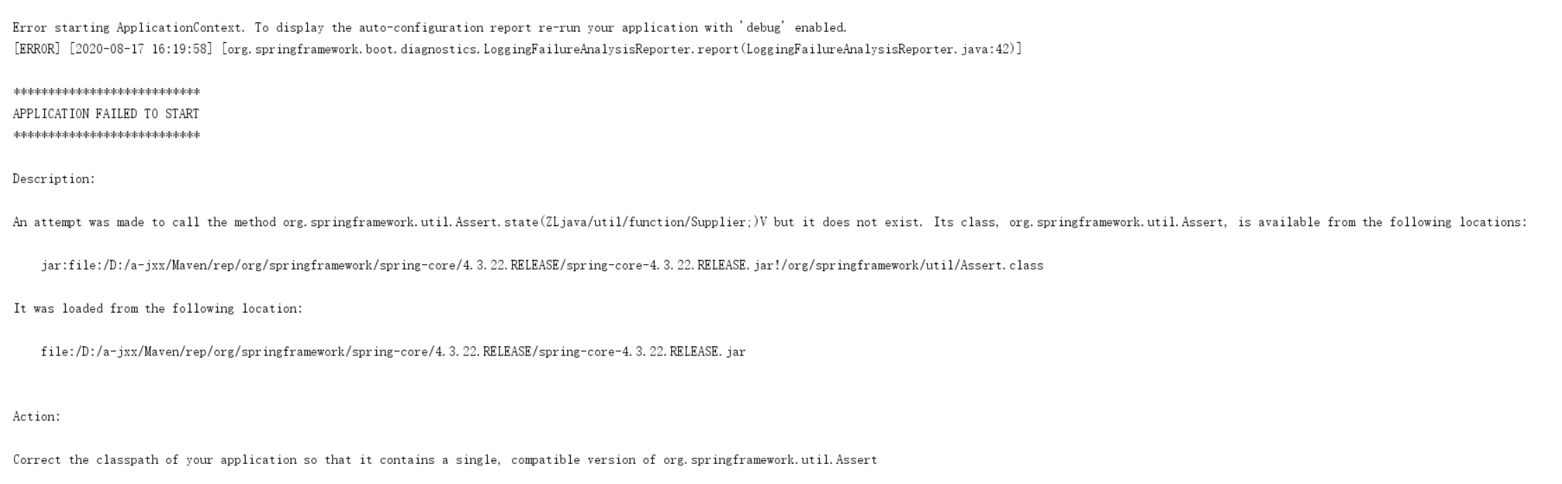 Correct the classpath of your application so that it contains a single, compatible version of org.springframework.util.Assert_解决方法