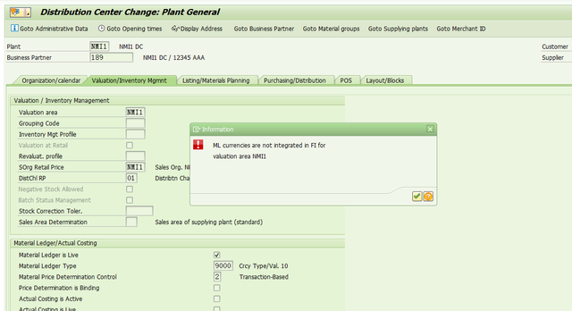 SAP RETAIL WB02 为门店激活物料分类账报错 - ML currencies are not integrated in FI for valuation area m123 NMI1 –_WB02