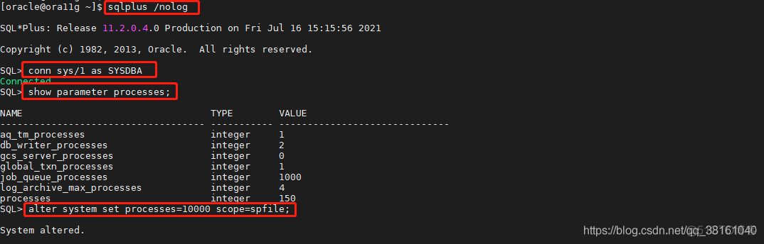 Oracle 数据库设置最大进程数参数方法，oracle最大进程数满了处理方法，sysdba管理员登录报“maximum number of processes (150) exceeded“问题解决_参数文件_03