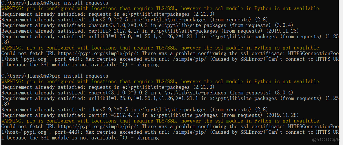 WARNING: pip is configured with locations that require TLS/SSL, however the ssl module in Python is_anaconda