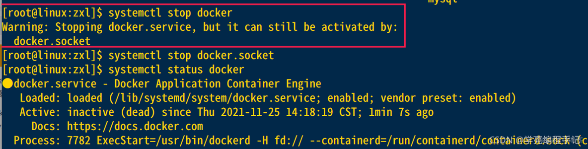 停止docker时报错：Warning: Stopping docker.service, but it can still be activated by: docker.socket_linux