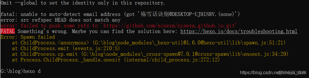 HEXO个人博客发布遇到问题，hexo d错误：fatal: unable to auto-detect email address_Java