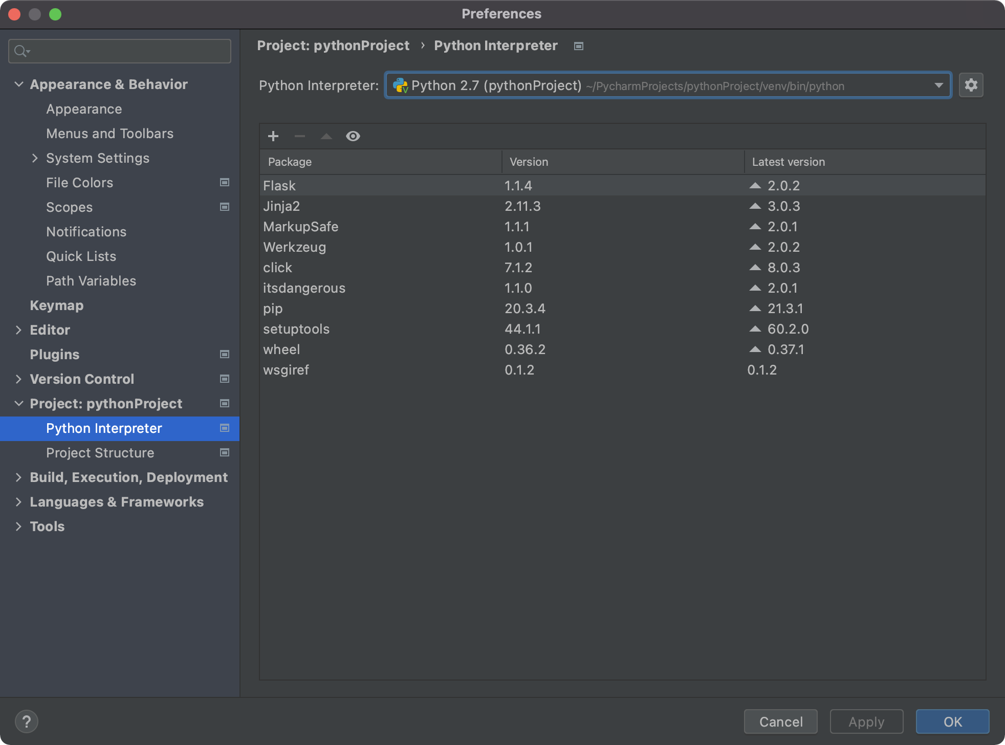 PyCharm for Mac 切换 Python版本_下拉框