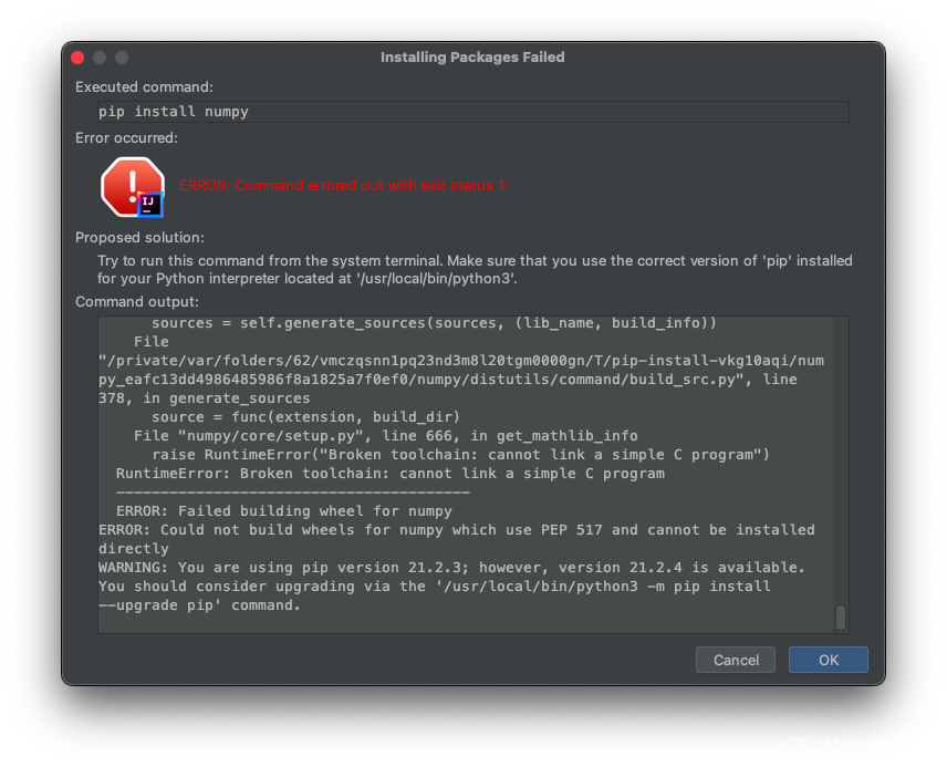 【错误记录】Mac 中 IntelliJ IDEA 运行 Python 程序报错 ( No module named ‘numpy‘ )_原力计划_03