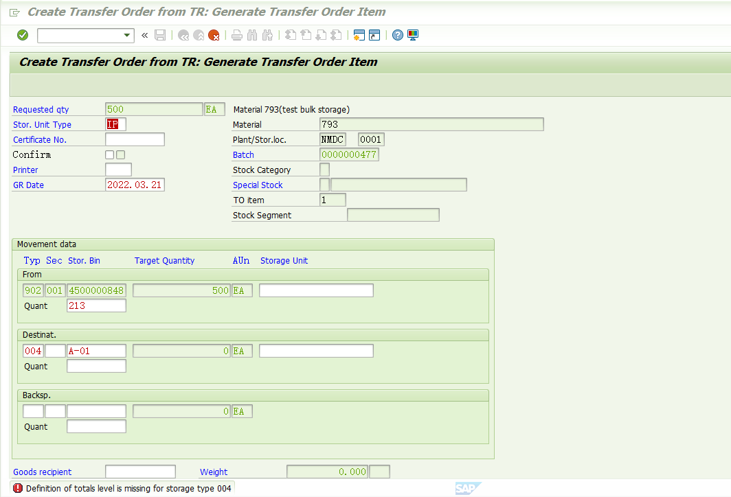 SAP WM中阶LT06对物料做上架报错 -Definition of totals level is missing for storage type 004 -_SAP WM_04