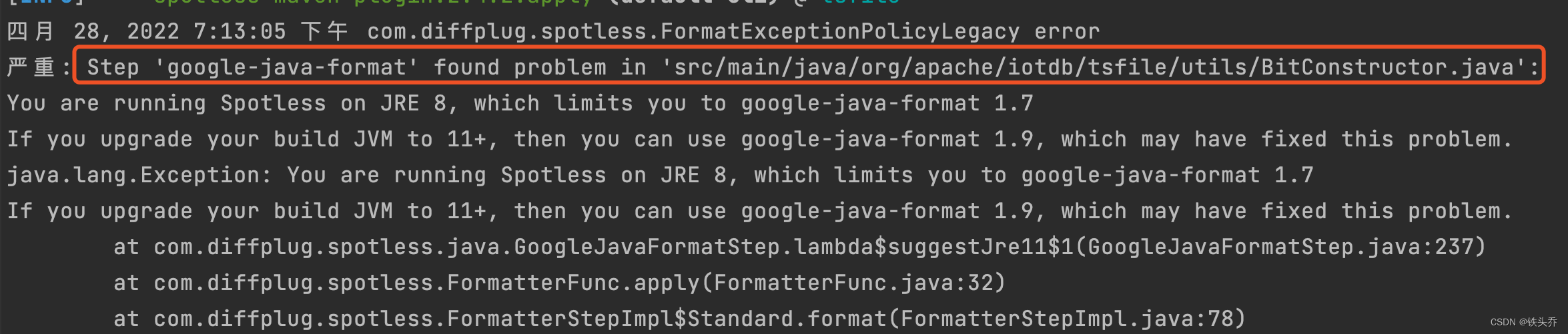 You are running Spotless on JRE 8, which limits you to google-java-format 1.7_java_02