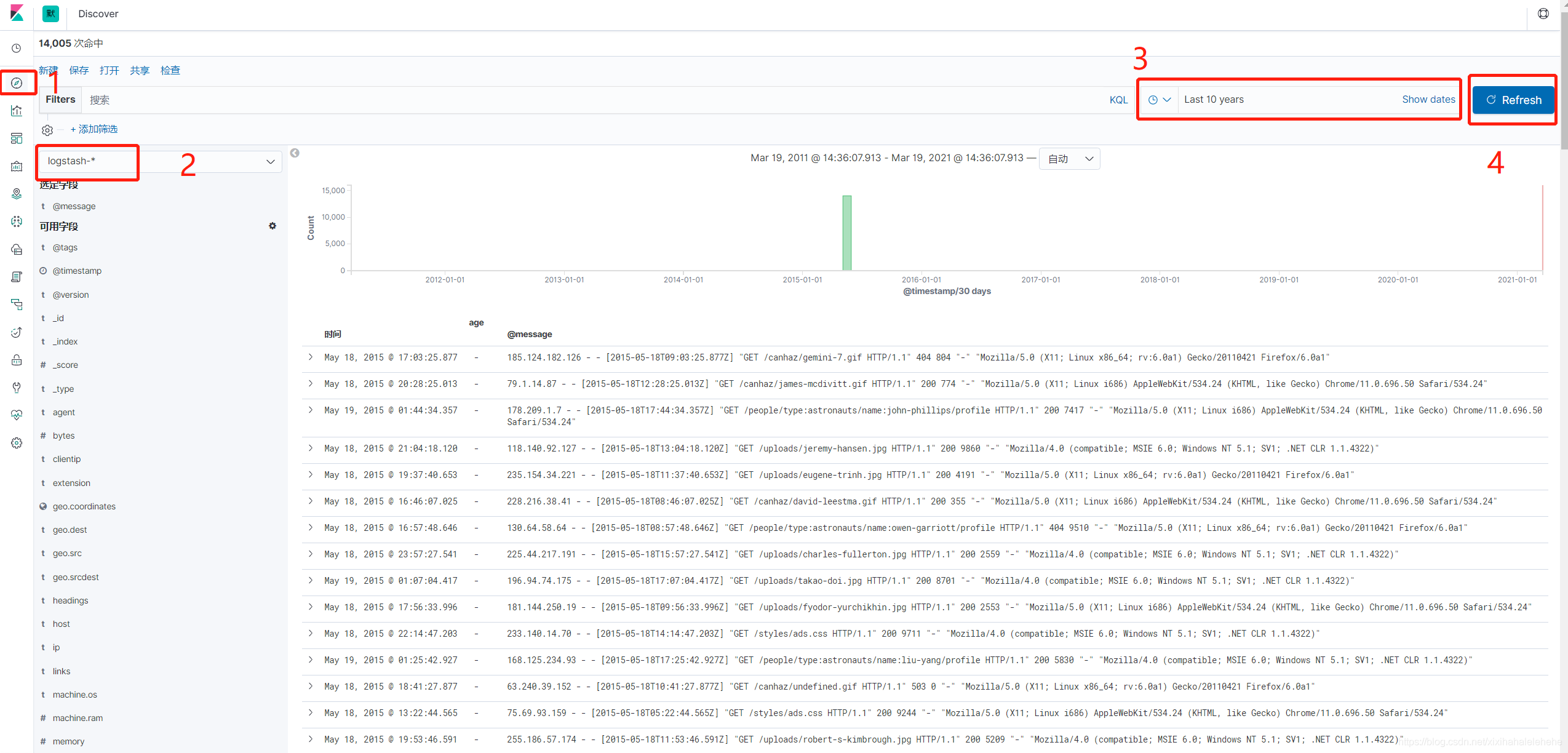 Elasticsearch 使用Kibana Discover探索数据_elasticsearch