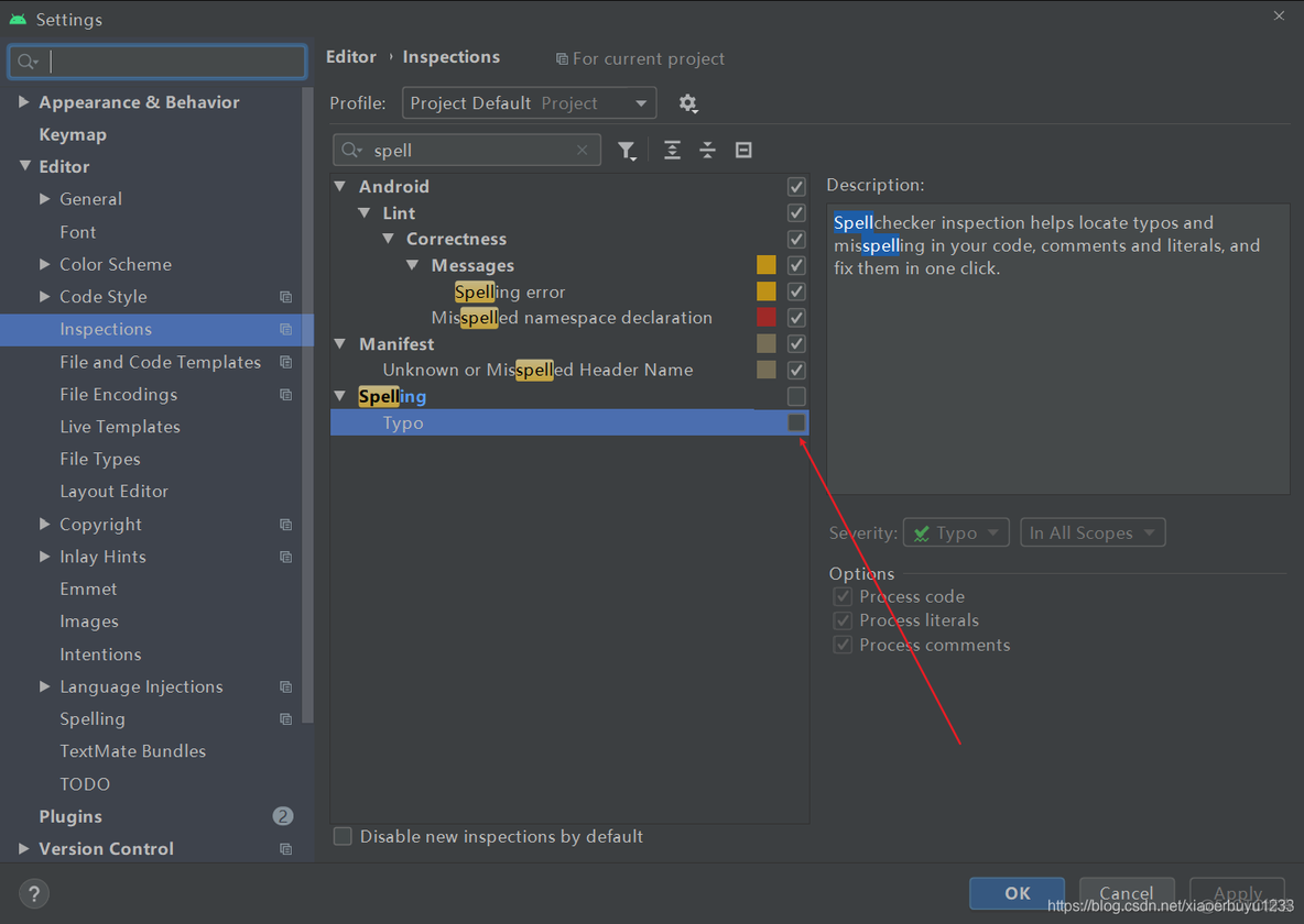 如何关闭Android Studio对于错误拼写的英文单词的提示  idea单词拼写检查_ii