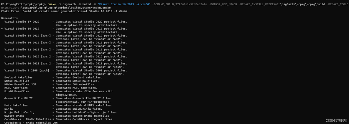CMake Error: Could not create named generator Visual Studio 16 2019 -A Win64_CMake Error_02