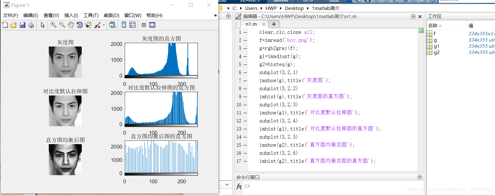 MATLAB_no.1:入门作业_histeq():_imhist()_（男孩的三个图，以及文字描述）_直方图