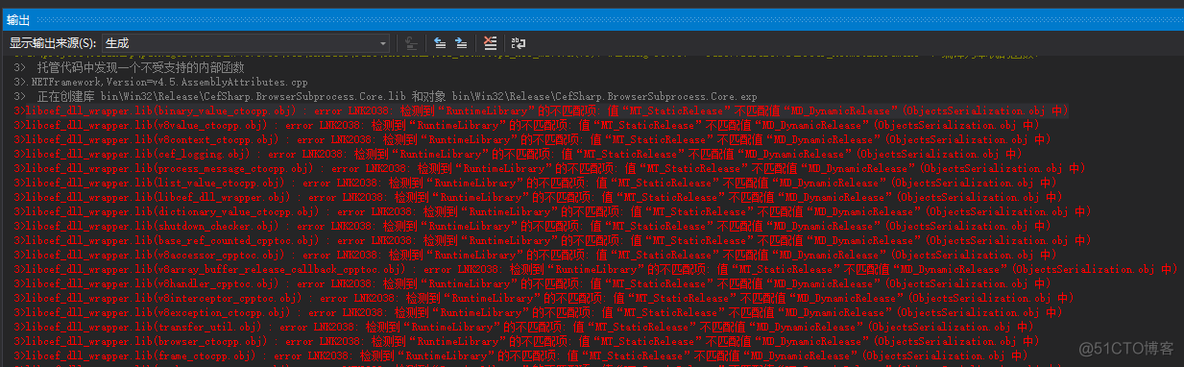 【Cef编译】 CefSharp编译失败，检测到“RuntimeLibrary”的不匹配项: 值“MT_StaticRelease”不匹配值“MD_DynamicRelease”_CEF