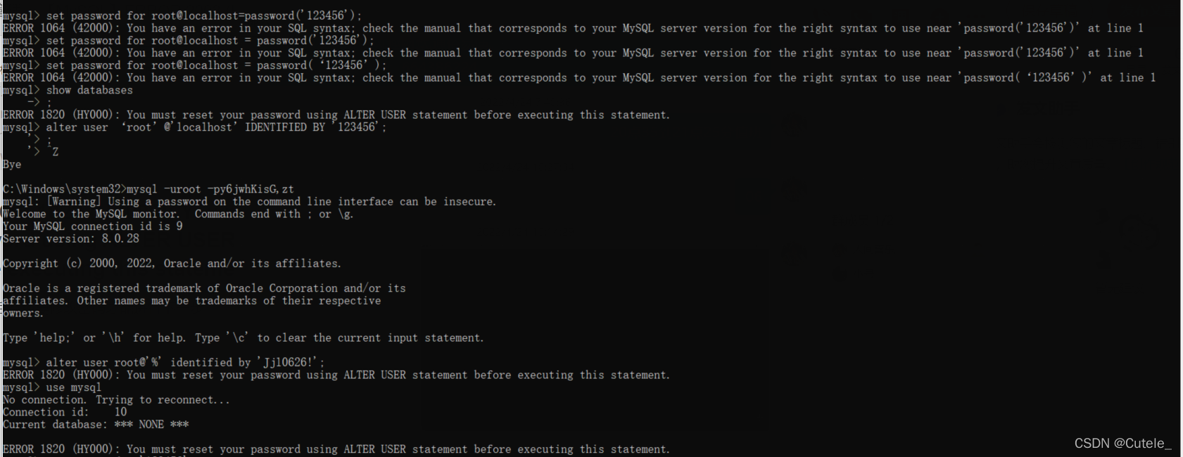 【MySQL8.0】ERROR 2003 (HY000) + ERROR 1820 (HY000) + 命令行导入SQL_修改密码_04