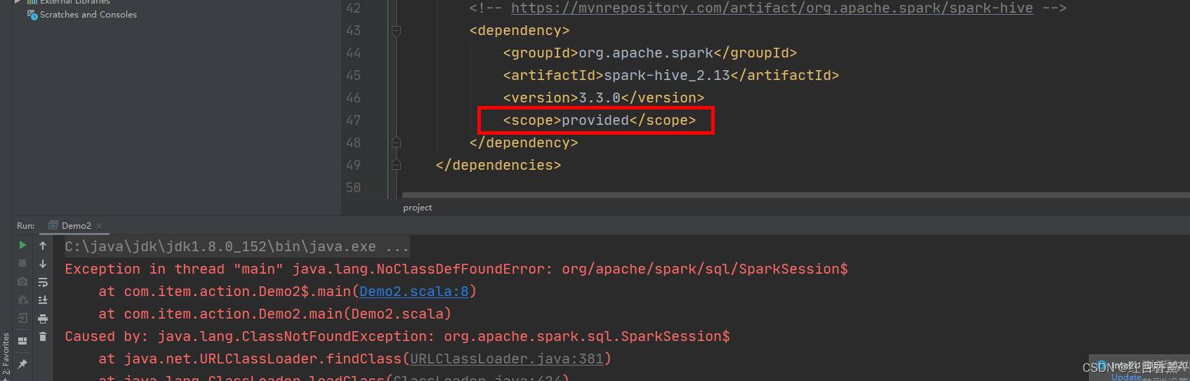 Exception in thread “main“ java.lang.NoClassDefFoundError: org/apache/spark/sql/SparkSession$_java